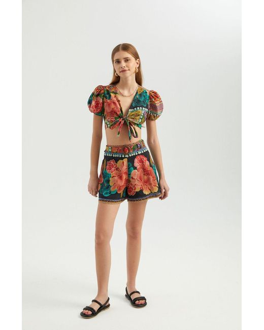 Hiccup Green Floral Surplice Neck Puff Sleeve Side Cut Out Boho Crop Top