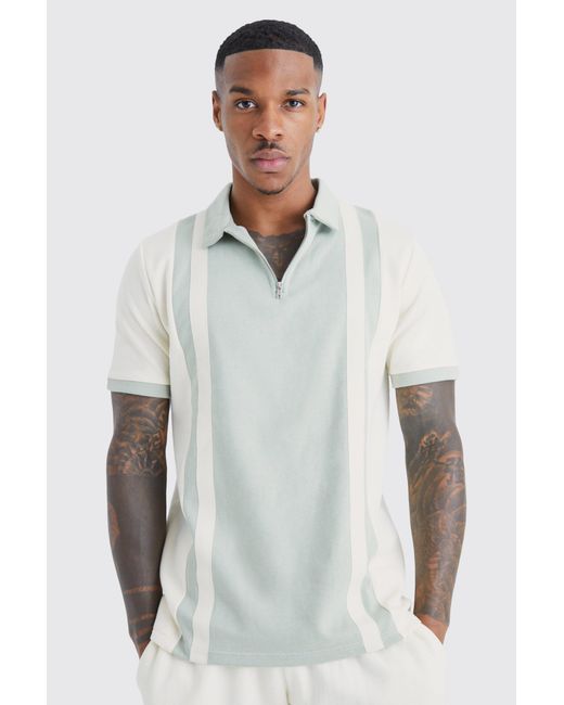 BoohooMAN White Slim Panelled Zip Neck Interlock Polo for men
