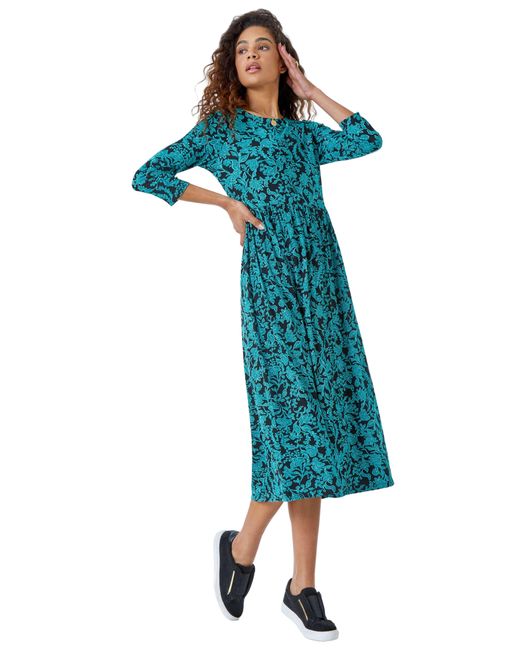 Roman Blue Leaf Print Midi Stretch Dress