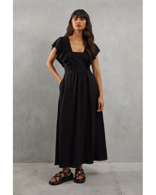 Warehouse Black Linen Frill Neck Plunge Midi Dress