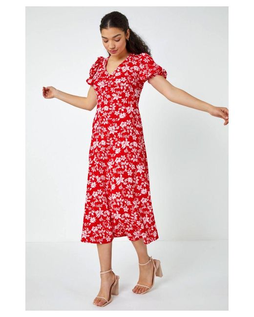 D.u.s.k Red Ditsy Floral Print Lace Back Midi Dress