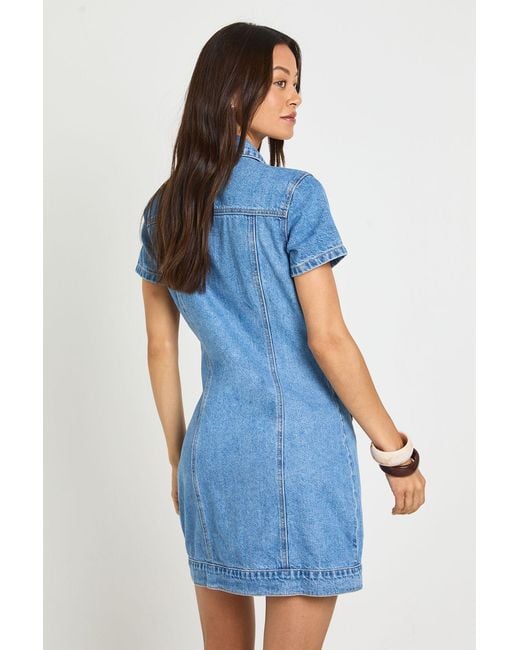 Boohoo Blue Tall Western Denim Short Sleeve Mini Dress