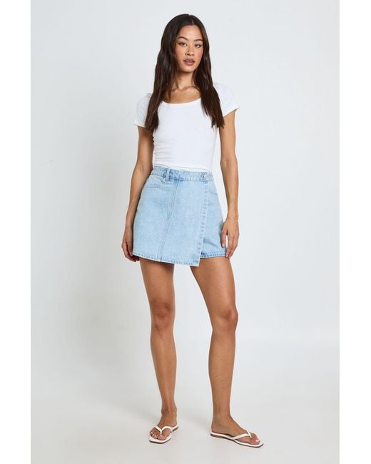 Boohoo Blue Tall Wrap Front Denim Skort