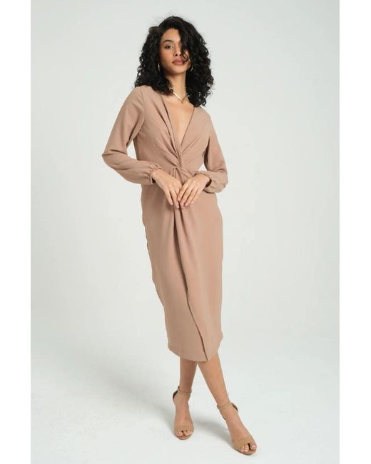 Hiccup Natural V Neck Long Sleeve Midi Dress With A Pleated Front