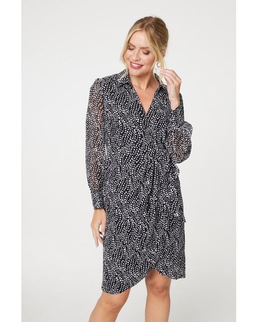 Izabel London Gray Printed Long Sleeve Wrap Front Short Dress