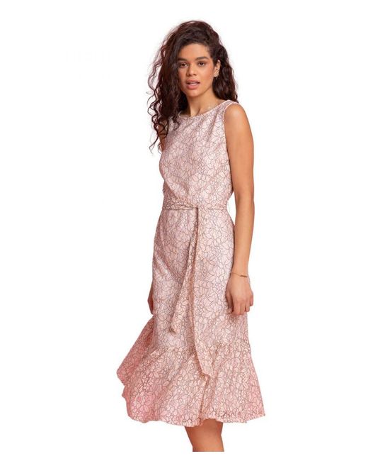Roman Pink Belted Lace Detail Tiered Midi Dress