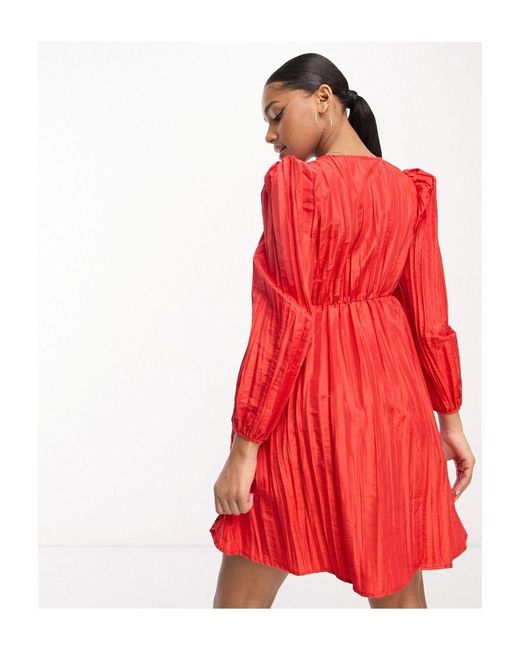Urban Revivo Red Long Sleeve V Neck Crinkle Mini Dress