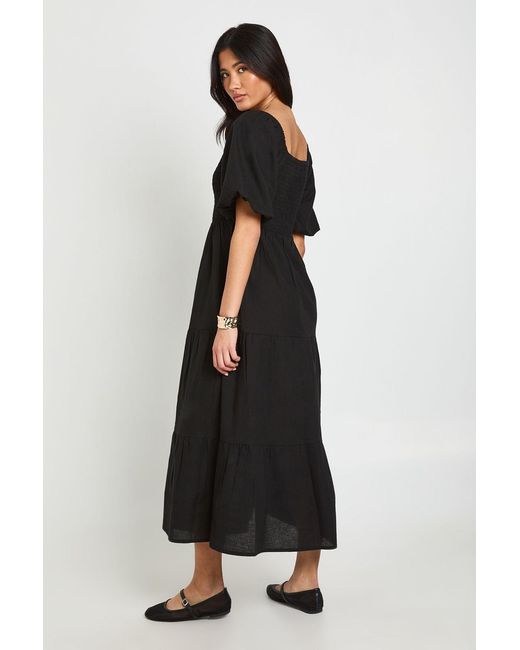 Boohoo Black Linen Look Volume Sleeve Tiered Midaxi Dress
