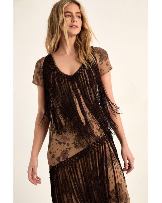 Nasty Gal Natural Floral Chiffon Fringe Maxi Dress