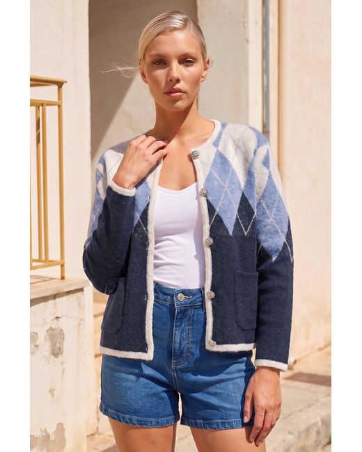 Roman Blue Petite Buttoned Argyle Knit Cardigan