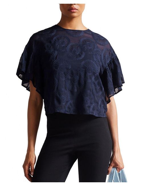 Ted Baker Blue Brionni Embroidered Ggt Fluted Sleeve Top