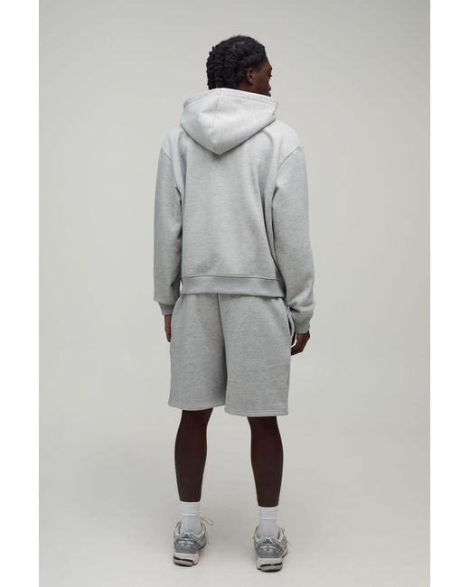 BoohooMAN Gray Heavyweight Embroidered Cropped Boxy Zip Through Hoodie for men