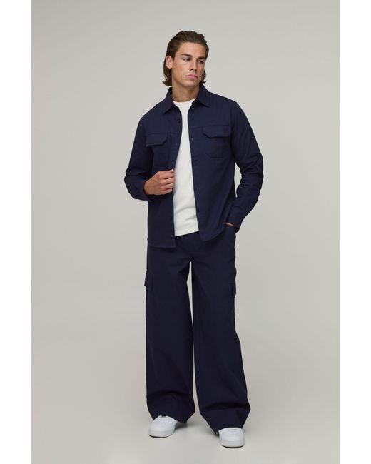 BoohooMAN Blue Regular Shirt & Straight Fit Cargo Trouser Set for men