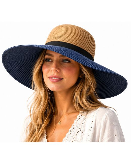 Woodland Leathers Blue Colour Block Wide Brim Sun Hat Adjustable Beach Hat