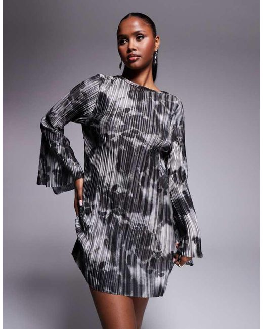 ASOS Gray Plisse Angel Sleeve Mini Dress