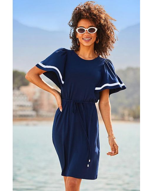 Sosandar Blue Contrast Trim Flutter Sleeve Dress