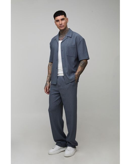 BoohooMAN Blue Tall Textured Pleated Oversized Shirt & Relaxed Trouser Set for men