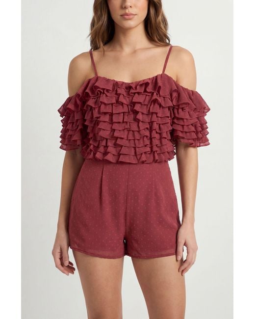 MissPap Red Spot Detail Chiffon Ruffle Playsuit