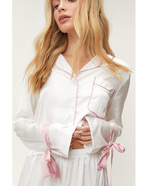 Nasty Gal White Satin Contrast Piping Tie Sleeve Pajama Pants Set