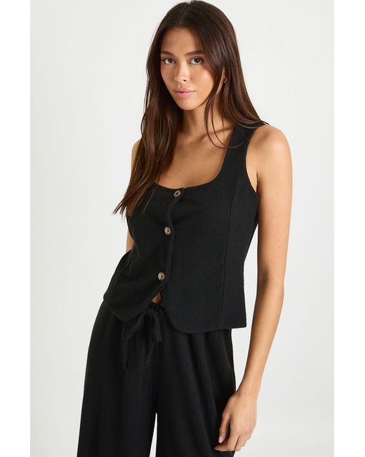 Boohoo Black Crinkle Rib Scoop Neck Button Through Top