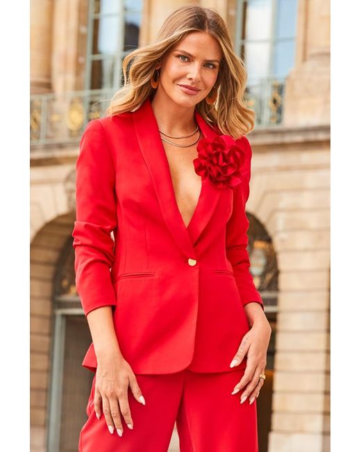 Sosandar Red Shawl Collar Longline Blazer