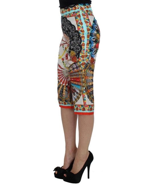 Dolce & Gabbana Fan Print Zijden Capri Broek in het Multicolor