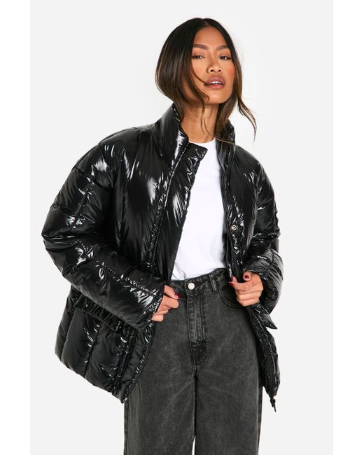 Boohoo Black High Shine Belted Puffer Jacket