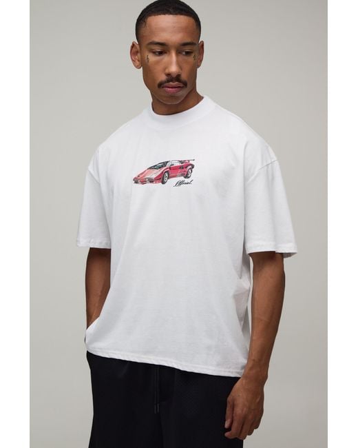 BoohooMAN White Oversized Boxy Sporty Car Print T-Shirt for men