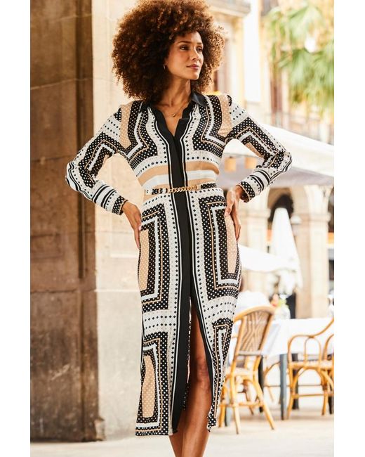 Sosandar Brown Geometric Print Midi Shirt Dress With Chain Belt