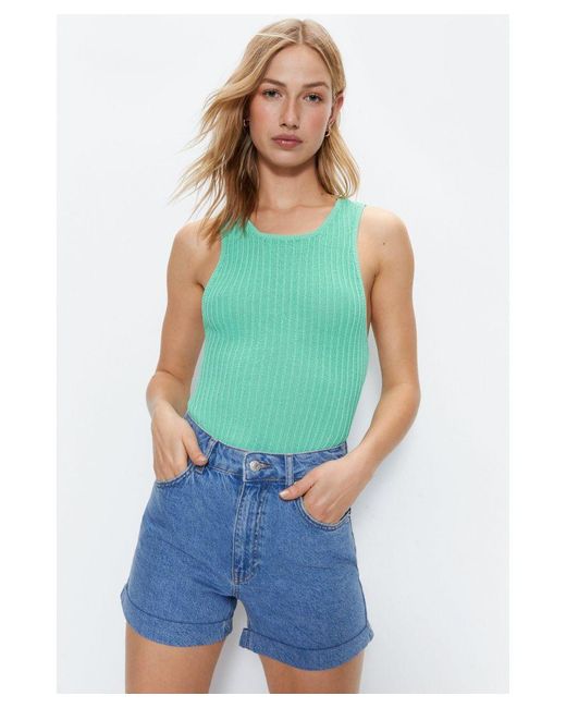 Warehouse Green Twist Back Ribbed Knitted Top