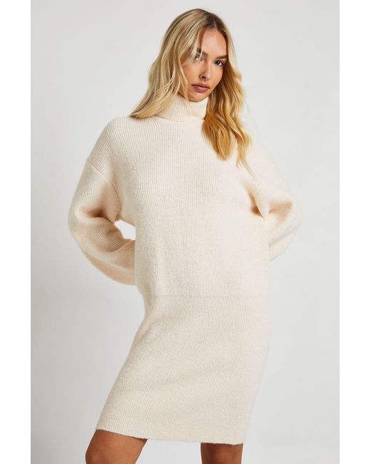 Boohoo Natural Cinched Hem High Neck Knitted Mini Dress