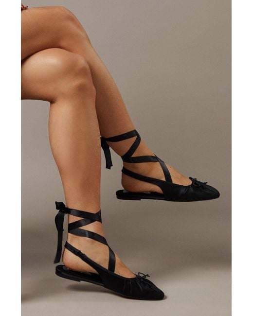 Faith Brown Lia Satin Slingback Ankle Tie Flat Ballet Pumps