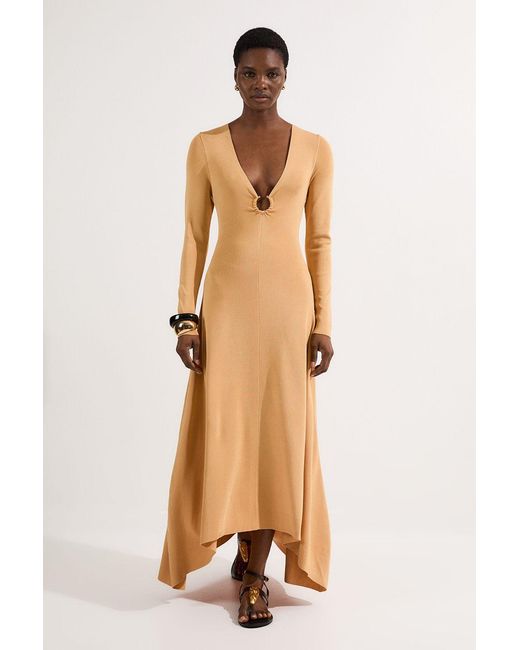Karen Millen Metallic Slinky V Neck Knitted Dress With Hardware Keyring Detail