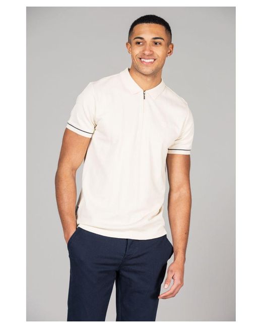 Kensington Eastside White Cotton Zip Neck Polo Shirt for men