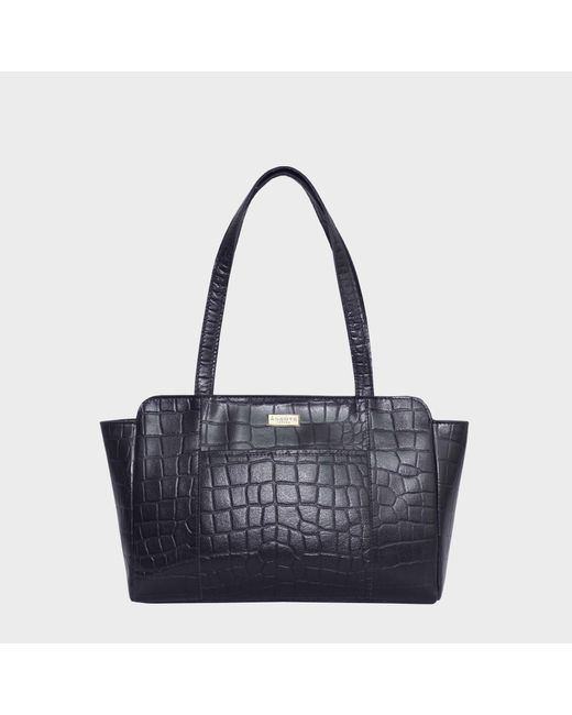 Assots London Blue 'judith' Navy Croc Real Leather Shoulder Bag