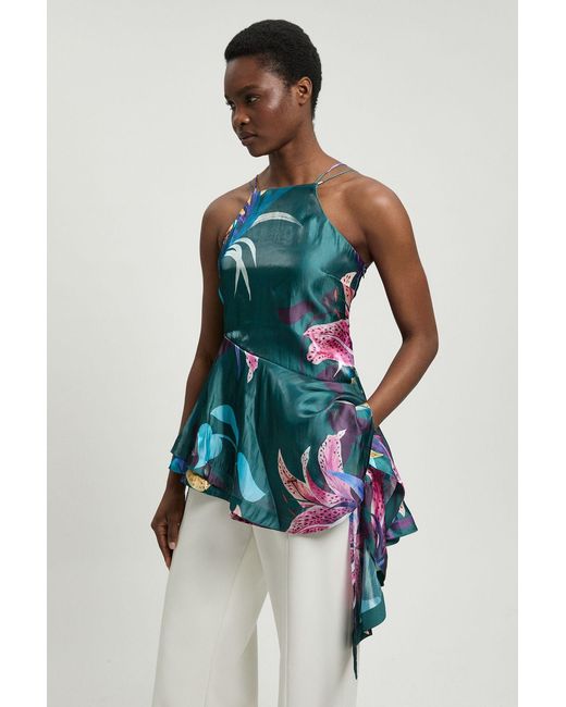 Karen Millen Blue Printed Metallic Floral Woven Top