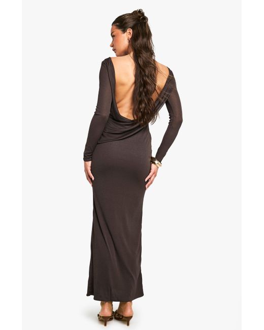 Boohoo Brown Petite Drape Back Detail Long Sleeve Maxi Dress