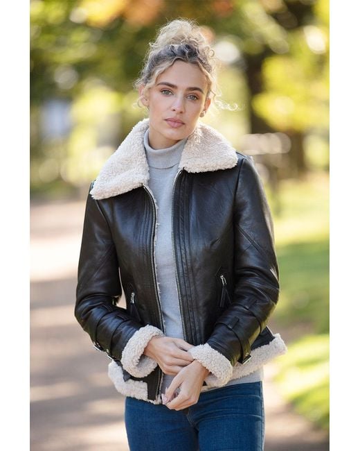 Ashwood Leather Brown '2419' Ladies Aviator Jacket With Faux Fur Lining