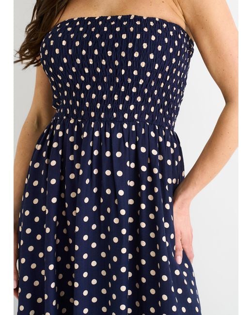 Gini London Blue Shirred Top Viscose Spot Midi Dress