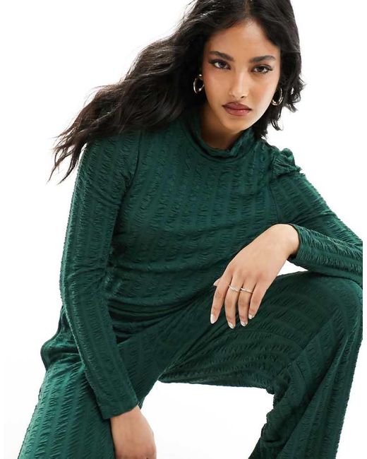 Pieces Green High Neck Textured Top Co-Ord