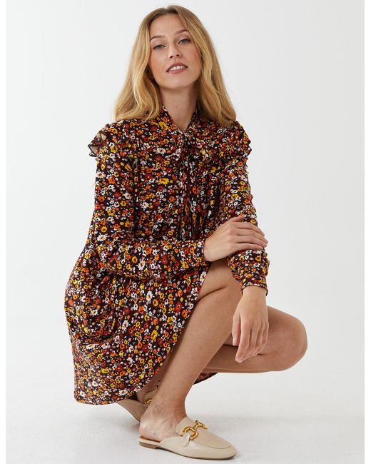 Blue Vanilla Brown Tie Front Frill Shoulder Dress