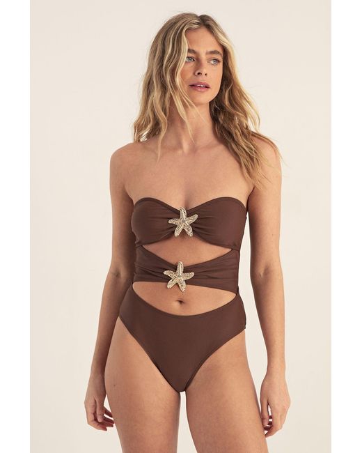 Nasty Gal Natural Starfish Trim Bandeau Cut Out Swimsuit