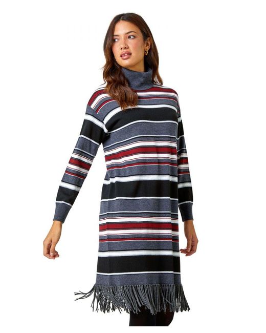Roman Blue Stripe Roll Neck Fringe Knitted Dress