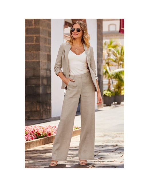 Sosandar Brown Natural Ruched Sleeve Linen Blazer