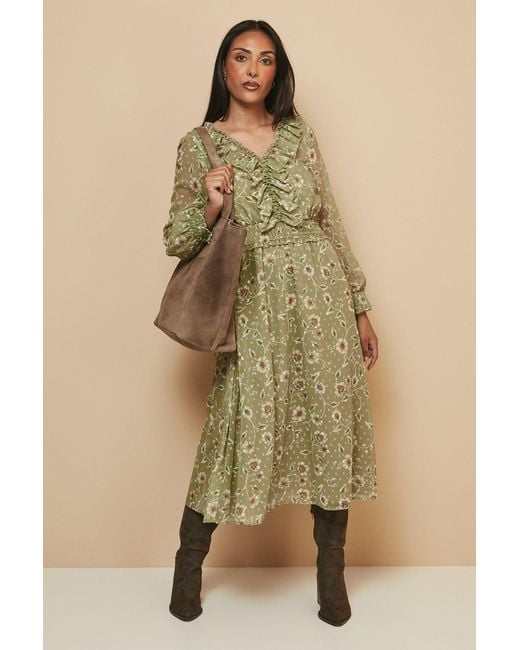 Wallis Green Petite Floral Ruffle Midi Dress