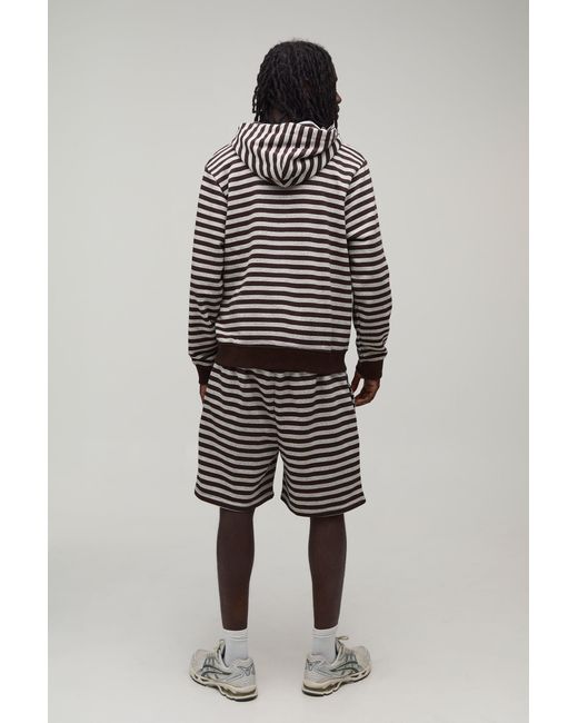 BoohooMAN Brown Regular Fit Stripe Zip Through Hooded Short Tracksuit for men