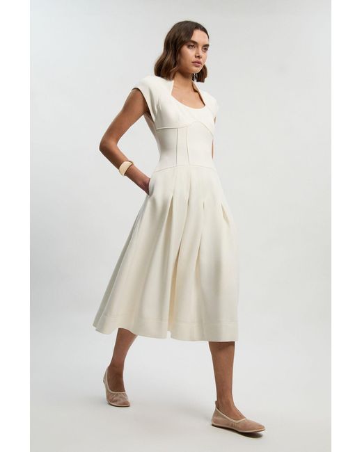 Karen Millen Natural Compact Stretch Dropped Waist Full Skirted Midi Dress