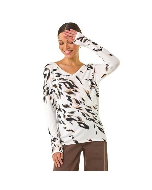 Roman White V Neck Print Jumper