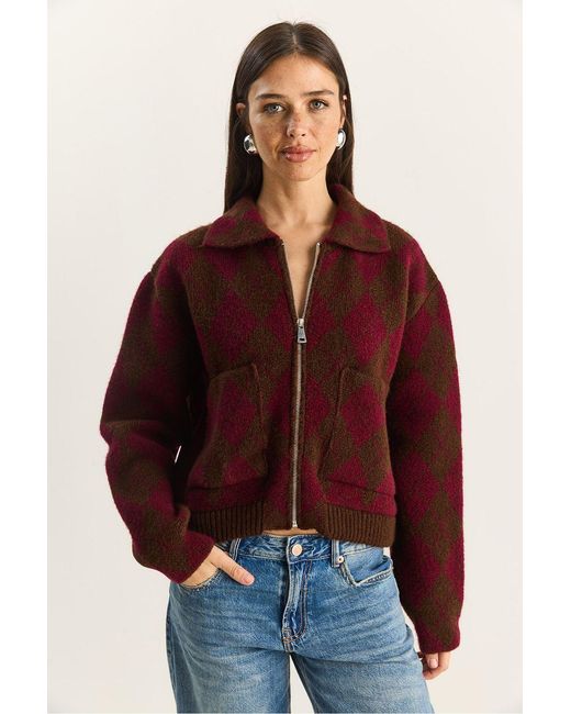 Bianco Lucci Red Thick Jacquard Knit Cardigan With Zipper
