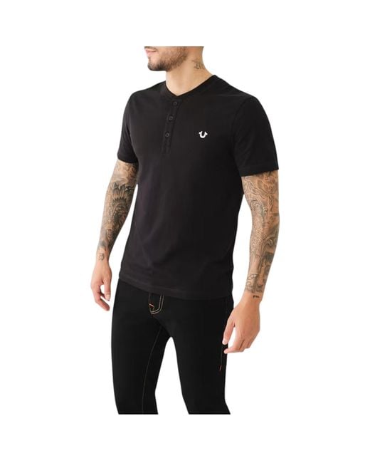 True Religion Black 108426 Henley T Shirt Short Sleeve Logo Placket Cotton Tee for men